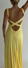 Simple Mermaid V Neck Yellow Backless Long Prom Dress ED01547