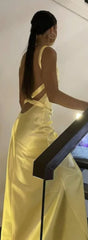 Simple Mermaid V Neck Yellow Backless Long Prom Dress ED01547