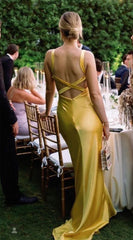 Simple Mermaid V Neck Yellow Backless Long Prom Dress ED01547