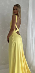 Simple Mermaid V Neck Yellow Backless Long Prom Dress ED01547
