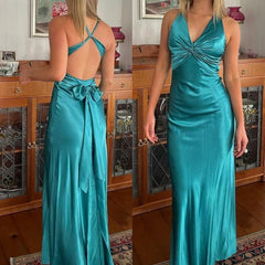 Simple Yellow 💛A-Line Long Prom Dress for Party&Birthday-V Neck Satin Beautiful Backless Formal Evening Dress ED01548