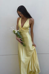 Simple Yellow 💛A-Line Long Prom Dress for Party&Birthday-V Neck Satin Beautiful Backless Formal Evening Dress ED01548