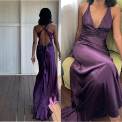 Simple Yellow 💛A-Line Long Prom Dress for Party&Birthday-V Neck Satin Beautiful Backless Formal Evening Dress ED01548