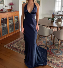 Simple Yellow 💛A-Line Long Prom Dress for Party&Birthday-V Neck Satin Beautiful Backless Formal Evening Dress ED01548