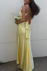 Simple Yellow 💛A-Line Long Prom Dress for Party&Birthday-V Neck Satin Beautiful Backless Formal Evening Dress ED01548