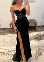 Sheath Sweetheart Beads Satin Long Prom Dress with Slit ED01549