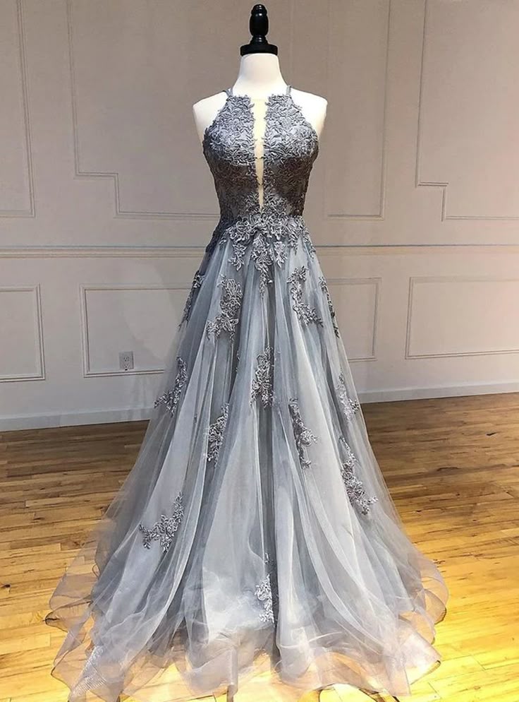 Gray A-line Halter Tulle Appliques Long Prom Dress Backless Formal Evening DressED01551