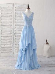 Sky Blue A-line V Neck Applique Chiffon Long Prom Dress Lace Spaghetti Strap Bridesmaid Dress ED01553
