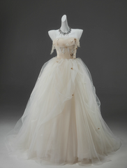 Off-White A-line Straps Tulle Long Prom Dress Simple Applique Wedding Dress ED01556