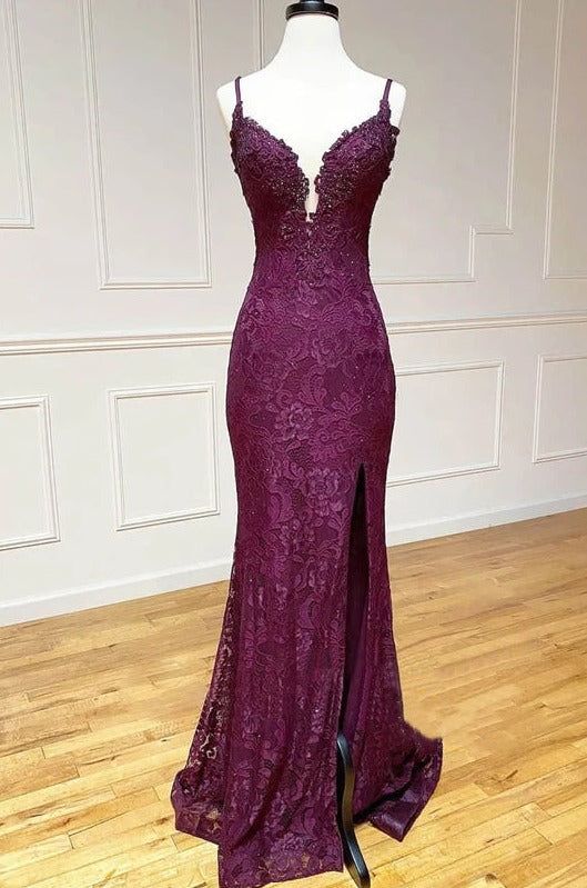 Elegant 💜Grape Mermaid Gown for Prom Charming Spaghetti Straps Applique Formal Evening Dress With Slit ED01559