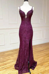 Elegant 💜Grape Mermaid Gown for Prom Charming Spaghetti Straps Applique Formal Evening Dress With Slit ED01559