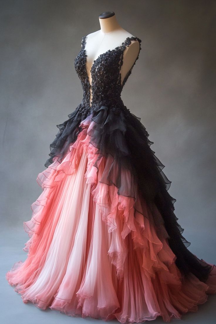 Gradient A-line Tulle Lace Deep V Neck Long Prom Dresses, Layered Beaded Evening Dress ED01563