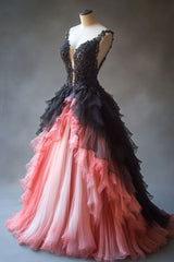 Gradient A-line Tulle Lace Deep V Neck Long Prom Dresses, Layered Beaded Evening Dress ED01563