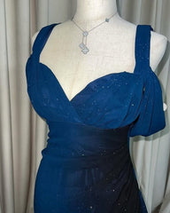 Glitter ✨Gradient Blue Prom Dress for Birthday& Pool Party-Elegant V-neck Spaghetti Straps Evening Dress ED01564