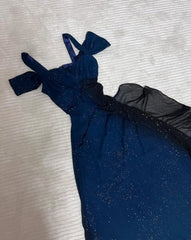 Glitter ✨Gradient Blue Prom Dress for Birthday& Pool Party-Elegant V-neck Spaghetti Straps Evening Dress ED01564