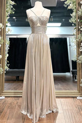 Metallic A-line Spaghetti Strap Long Prom Dress with Slit ED01567