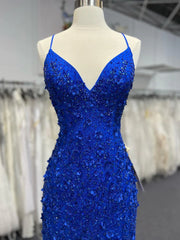 Mermaid V Neck Royal Blue Beade Applique Tulle Long Prom Dress, Evening Dress ED01568