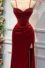 Chic Mermaid Spaghetti StrapsSatin  Long Formal Dress with Beading ED01569