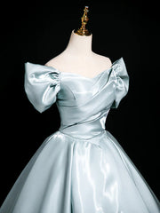 A-Line V Neck Satin Blue Long Prom Dress, Blue Long Formal Dress ED01572