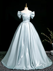 A-Line V Neck Satin Blue Long Prom Dress, Blue Long Formal Dress ED01572