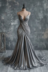 Mermaid V Neck Silver Spaghetti Straps Satin Long Prom Dress Sexy Evening Dress ED01574