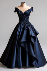 Dark Navy A-Line V Neck Satin Long Prom Dress Simple Applique Evening Dress ED01575