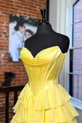Lovely Yellow A-Line Sweetheart Long Tiered Prom Dress with Slit ED01576