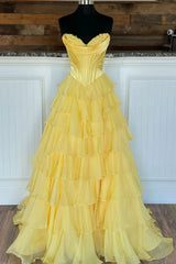 Lovely Yellow A-Line Sweetheart Long Tiered Prom Dress with Slit ED01576