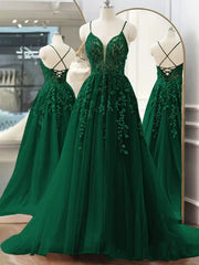 Dark Green A-Line Tulle Lace Long Prom Dress V Neck Lace Formal Evening Dress ED01577