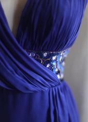 Royal Blue A-Line Halter Chiffon Satin Long Prom Dress V-neck Beaded Birthday Party Dress  ED01581