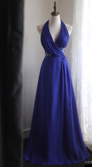 Royal Blue A-Line Halter Chiffon Satin Long Prom Dress V-neck Beaded Birthday Party Dress  ED01581