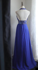 Royal Blue A-Line Halter Chiffon Satin Long Prom Dress V-neck Beaded Birthday Party Dress  ED01581