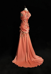 Bright Orange Mermaid V-Neck Satin Beaded Long Prom Dress Sequined Evening Gown  ED01582
