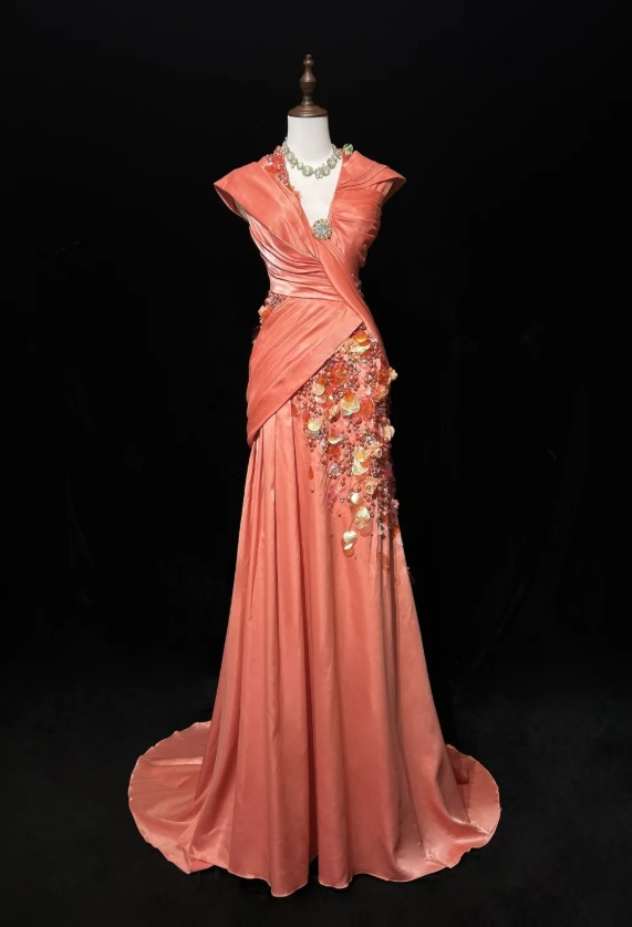 Bright Orange Mermaid V-Neck Satin Beaded Long Prom Dress Sequined Evening Gown  ED01582