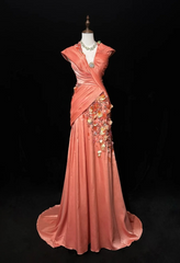 Bright Orange Mermaid V-Neck Satin Beaded Long Prom Dress Sequined Evening Gown  ED01582
