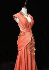 Bright Orange Mermaid V-Neck Satin Beaded Long Prom Dress Sequined Evening Gown  ED01582