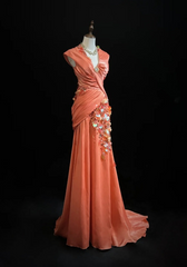 Bright Orange Mermaid V-Neck Satin Beaded Long Prom Dress Sequined Evening Gown  ED01582
