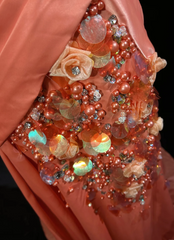 Bright Orange Mermaid V-Neck Satin Beaded Long Prom Dress Sequined Evening Gown  ED01582