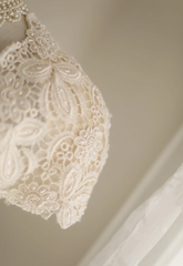 Beige Square Neck Chiffon Lace Empire Dress Long Prom Dress Beaded Wedding Dress  ED01583