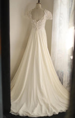 Beige Square Neck Chiffon Lace Empire Dress Long Prom Dress Beaded Wedding Dress  ED01583