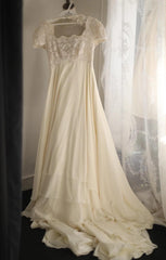 Beige Square Neck Chiffon Lace Empire Dress Long Prom Dress Beaded Wedding Dress  ED01583