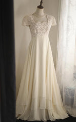 Beige Square Neck Chiffon Lace Empire Dress Long Prom Dress Beaded Wedding Dress  ED01583