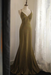 Mermaid V-Neck Satin Long Prom Dress Elegant Spaghetti Strap Formal Dress  ED01584