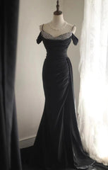 Elegant Black Mermaid Spaghetti Strap Satin Diamond Long Prom Dress Simple Evening Dress  ED01587