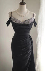 Elegant Black Mermaid Spaghetti Strap Satin Diamond Long Prom Dress Simple Evening Dress  ED01587