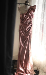 Pink Mermaid One Shoulder Satin Beaded Sequin Long Prom Dress Bridal Dress  ED01588