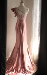 Pink Mermaid One Shoulder Satin Beaded Sequin Long Prom Dress Bridal Dress  ED01588