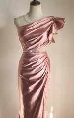 Pink Mermaid One Shoulder Satin Beaded Sequin Long Prom Dress Bridal Dress  ED01588
