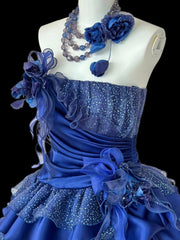Vintage A-Line Strapless Satin Tulle Long Ball Dress Klein Blue 3D Applique Evening Dress  ED01591