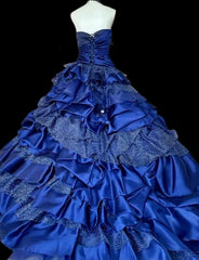 Vintage A-Line Strapless Satin Tulle Long Ball Dress Klein Blue 3D Applique Evening Dress  ED01591